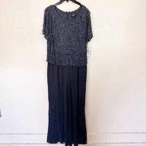 Pisarro Nights Grey Beaded Jumpsuit Wide Leg Formal Size 12 NWT